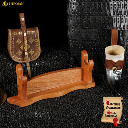 Mythrojan Solid Wood Sword Stand Medieval Sword Wall Mount Samurai Sword Display Stand Katana Sword Holder Gladiator Sword Wall Display Crusader Sword Stand Knife Stand for Display - One Tier Stand 17.5"
