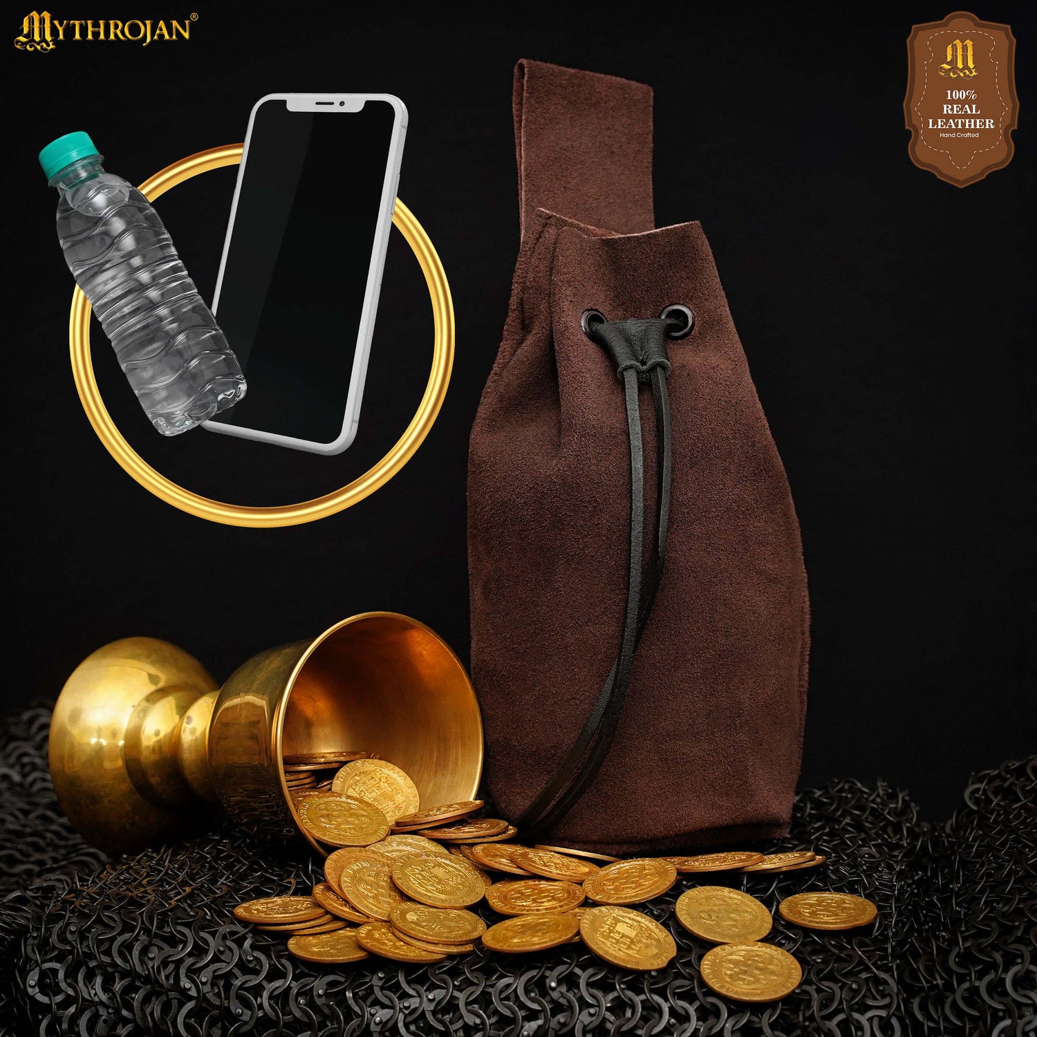 Mythrojan Medieval Drawstring Belt Bag, Ideal for SCA LARP Reenactment &amp; Ren fair , Suede Leather , Brown 8” ×6.5 ”