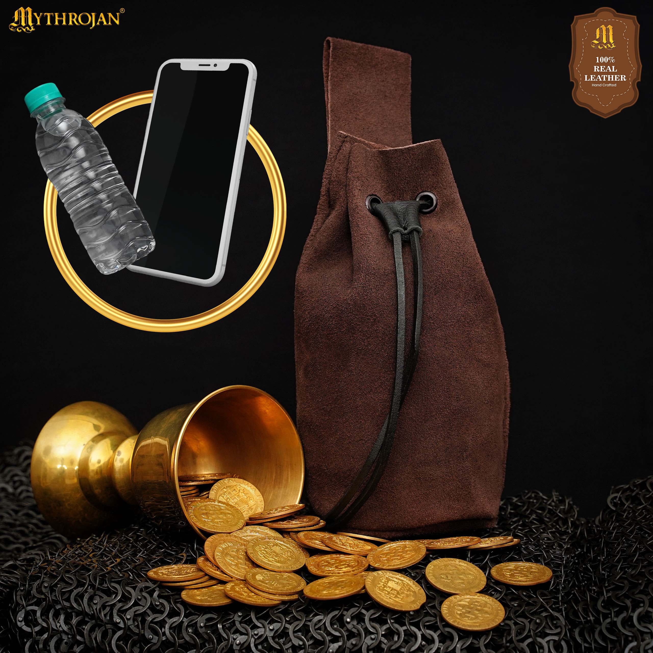 Mythrojan Medieval Drawstring Belt Bag, Ideal for SCA LARP Reenactment &amp; Ren fair , Suede Leather , Brown 8” ×6.5 ”