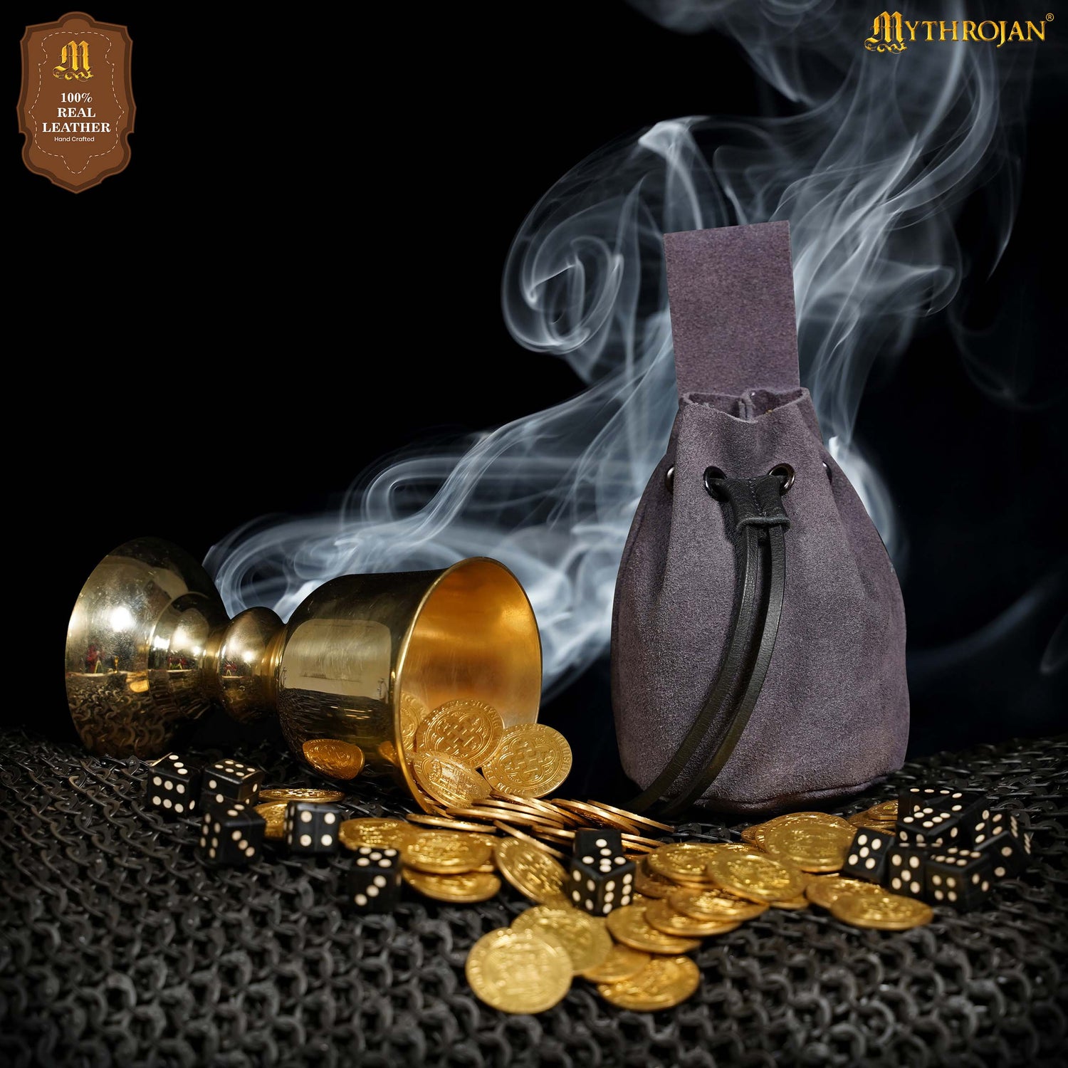 Mythrojan Medieval Drawstring Belt Bag, Ideal for SCA LARP Reenactment &amp; Ren Fair, Suede Leather, Blue 6”×5”