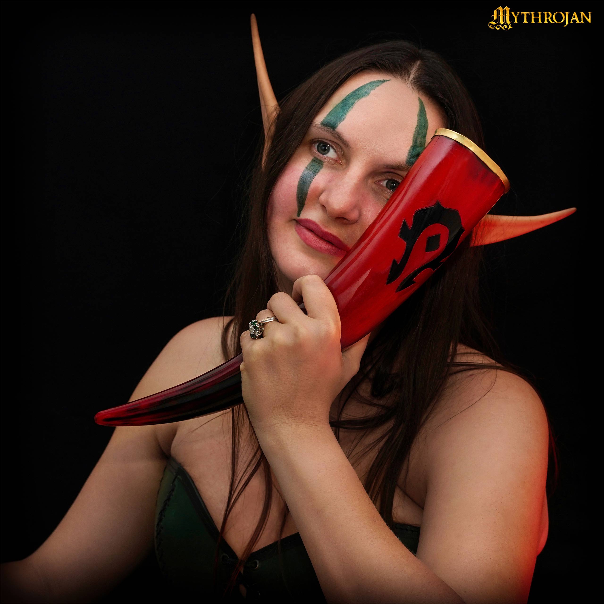 Mythrojan &quot;For the HORDE&quot; Drinking Horn : Mead Ale genuine Horn for Medieval Knight Elf ORC Undead LARP Cosplay RED, 500ml