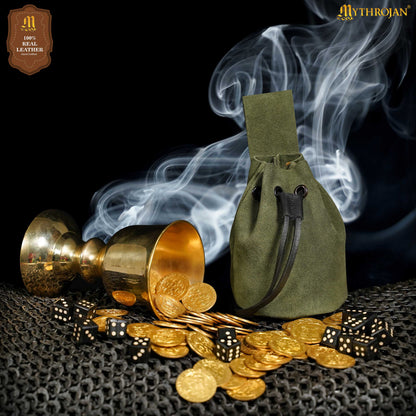 Mythrojan Medieval Drawstring Belt Bag, Ideal for SCA LARP Reenactment &amp; Ren Fair, Suede Leather, Sage 6”×5”