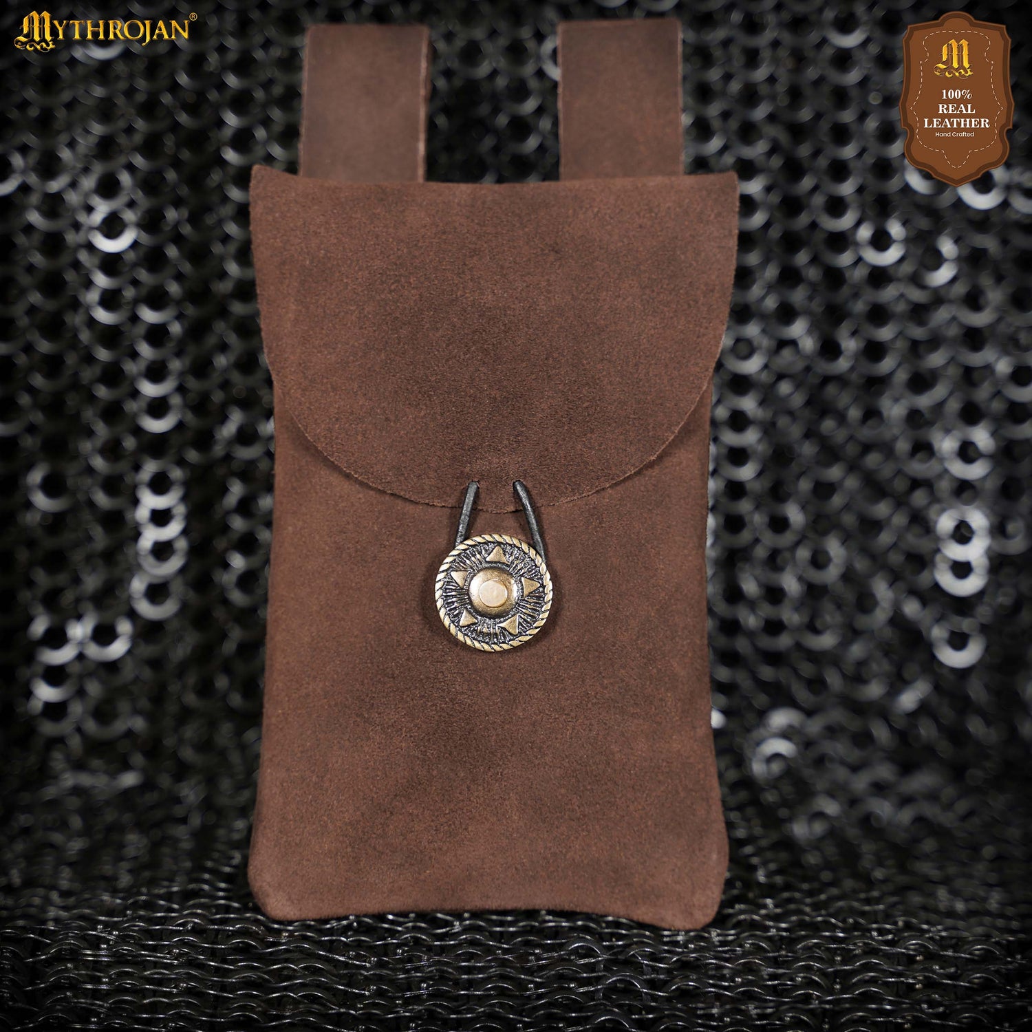Mythrojan Suede Belt Bag, Ideal for SCA LARP Reenactment &amp; Ren fair, Suede Leather, Chocolate Brown , 7.2 ”× 4.7 ”