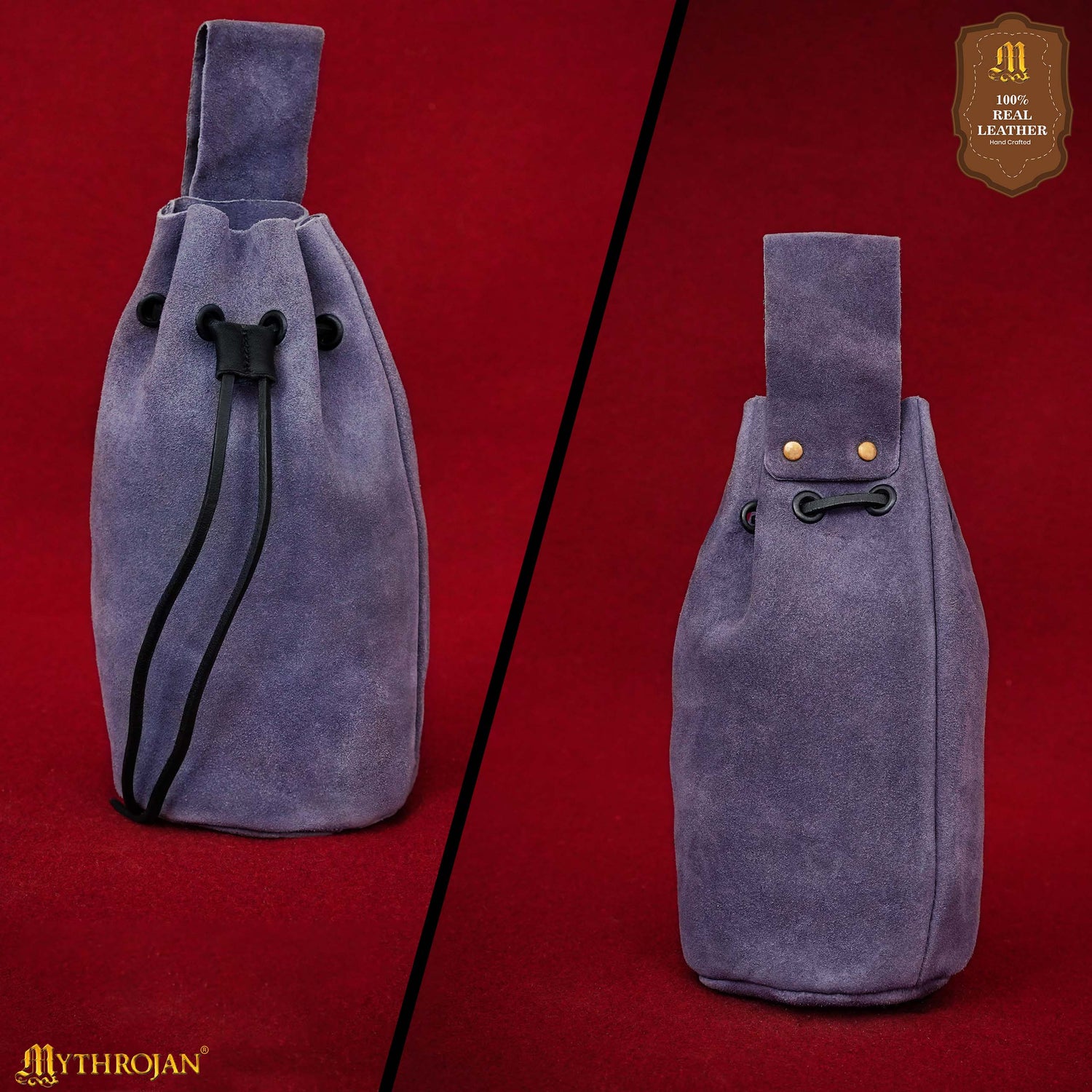 Mythrojan Medieval Drawstring Belt Bag, Ideal for SCA LARP Reenactment &amp; Ren Fair, Suede Leather, Dark Blue, 8”×6.5”