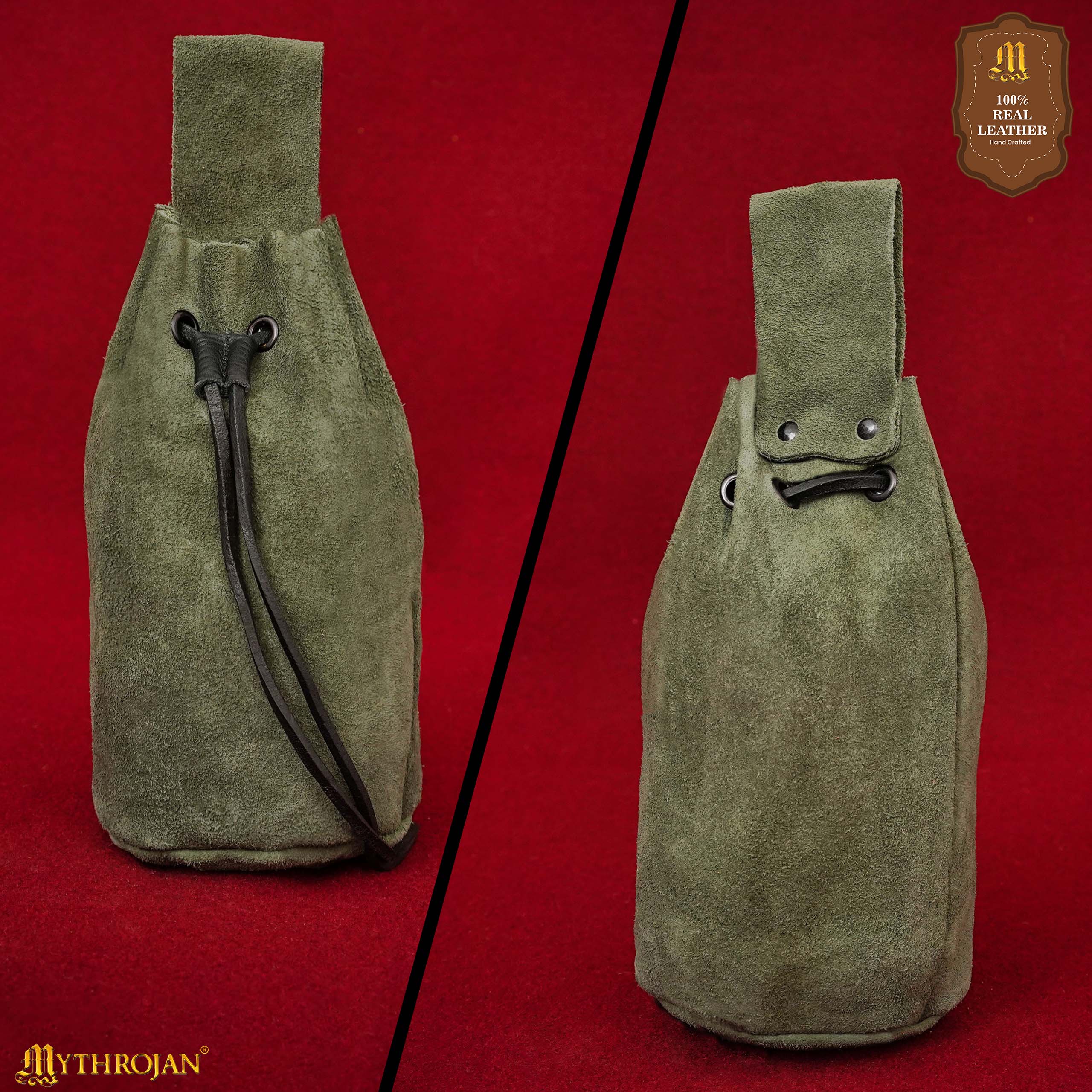 Mythrojan Medieval Drawstring Belt Bag, Ideal for SCA LARP Reenactment &amp; Ren Fair, Suede Leather, Green, 8”×6.5”