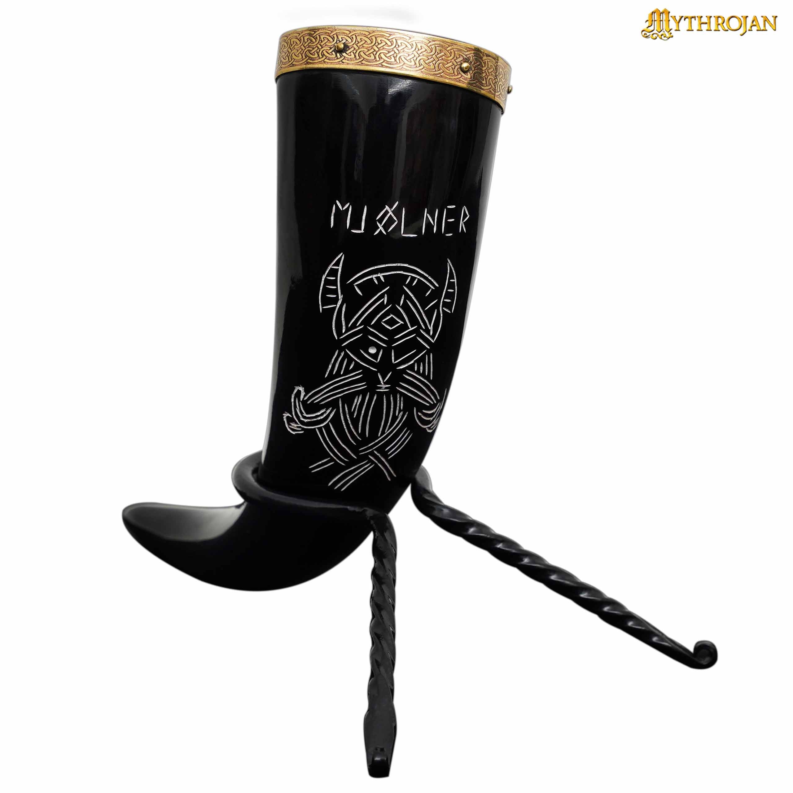 Mythrojan Viking Drinking Horn With Brass Rim &amp; Tip Authentic Medieval Inspired Wine/Mead 400 ML - Polished Finish