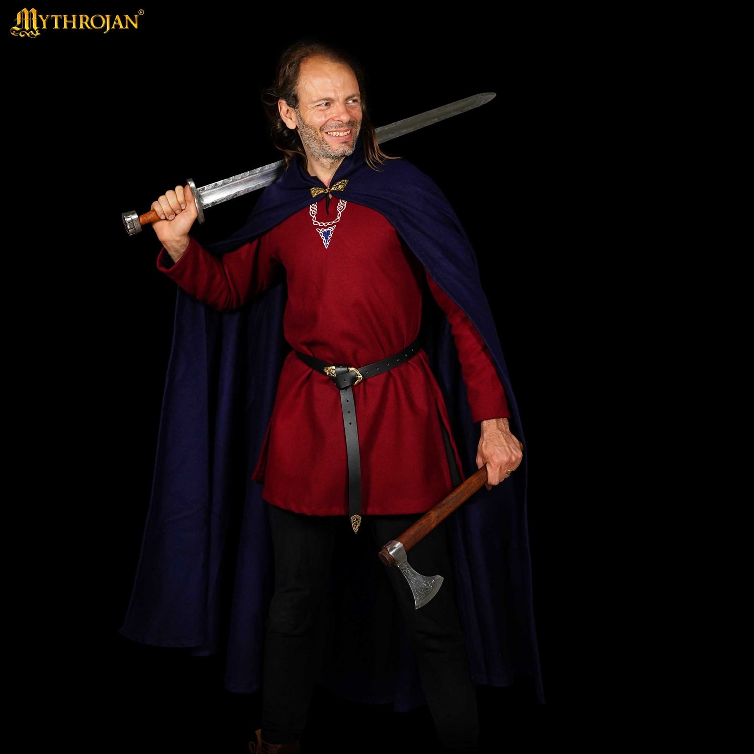 Mythrojan Woolen Hooded Cloak/Cape with BRASS BROOCH Medieval Wool Cape for Ranger LARP SCA Cosplay, Navy Blue, Large