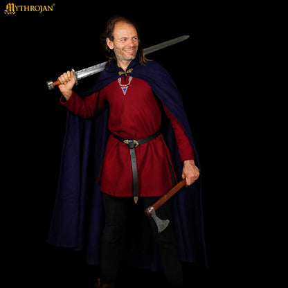 Mythrojan Woolen Hooded Cloak/Cape with BRASS BROOCH Medieval Wool Cape for Ranger LARP SCA Cosplay, Navy Blue, Large