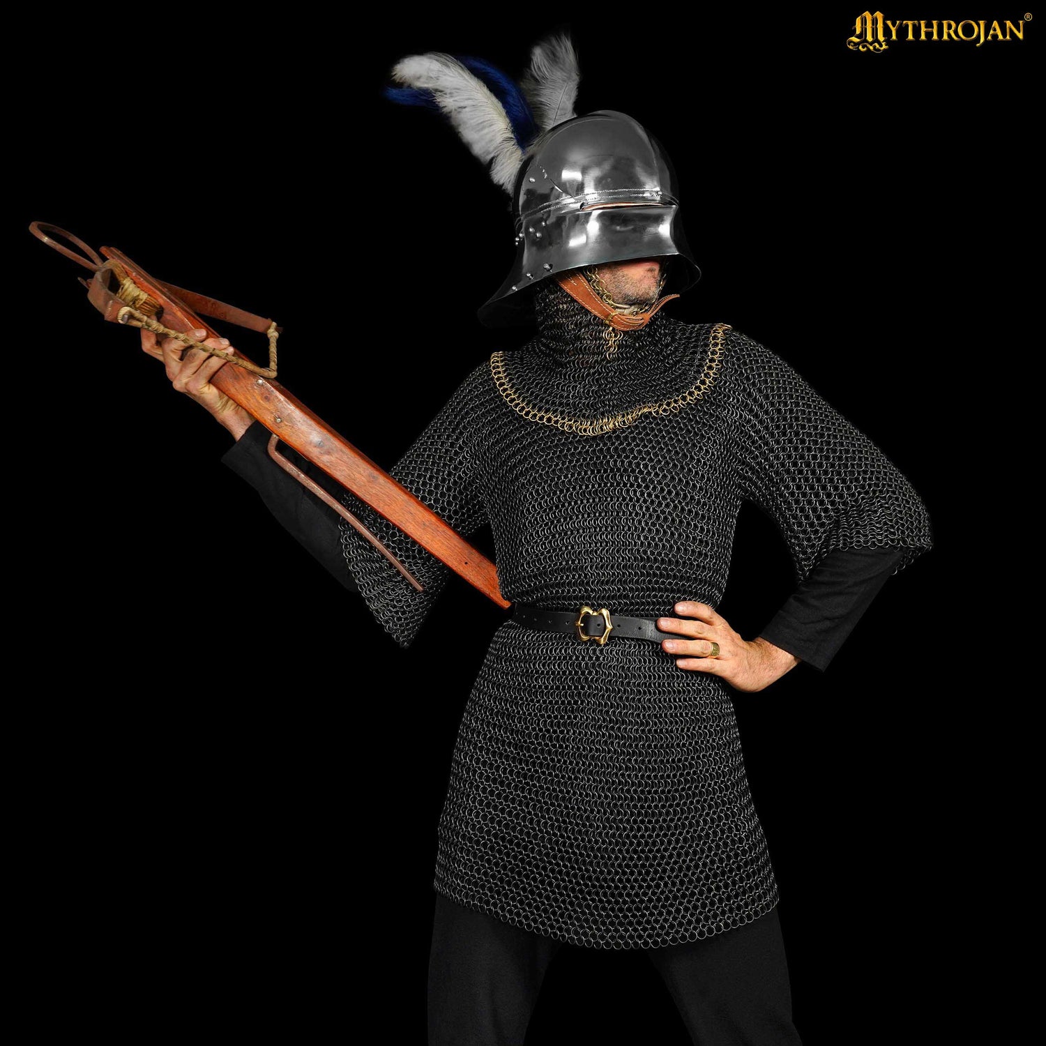 Mythrojan Medieval Chainmail Coif Butted Mild Steel and Solid Brass, Medieval SCA Reenactments Medieval Events, Black Finish with Solid Brass Edges, L