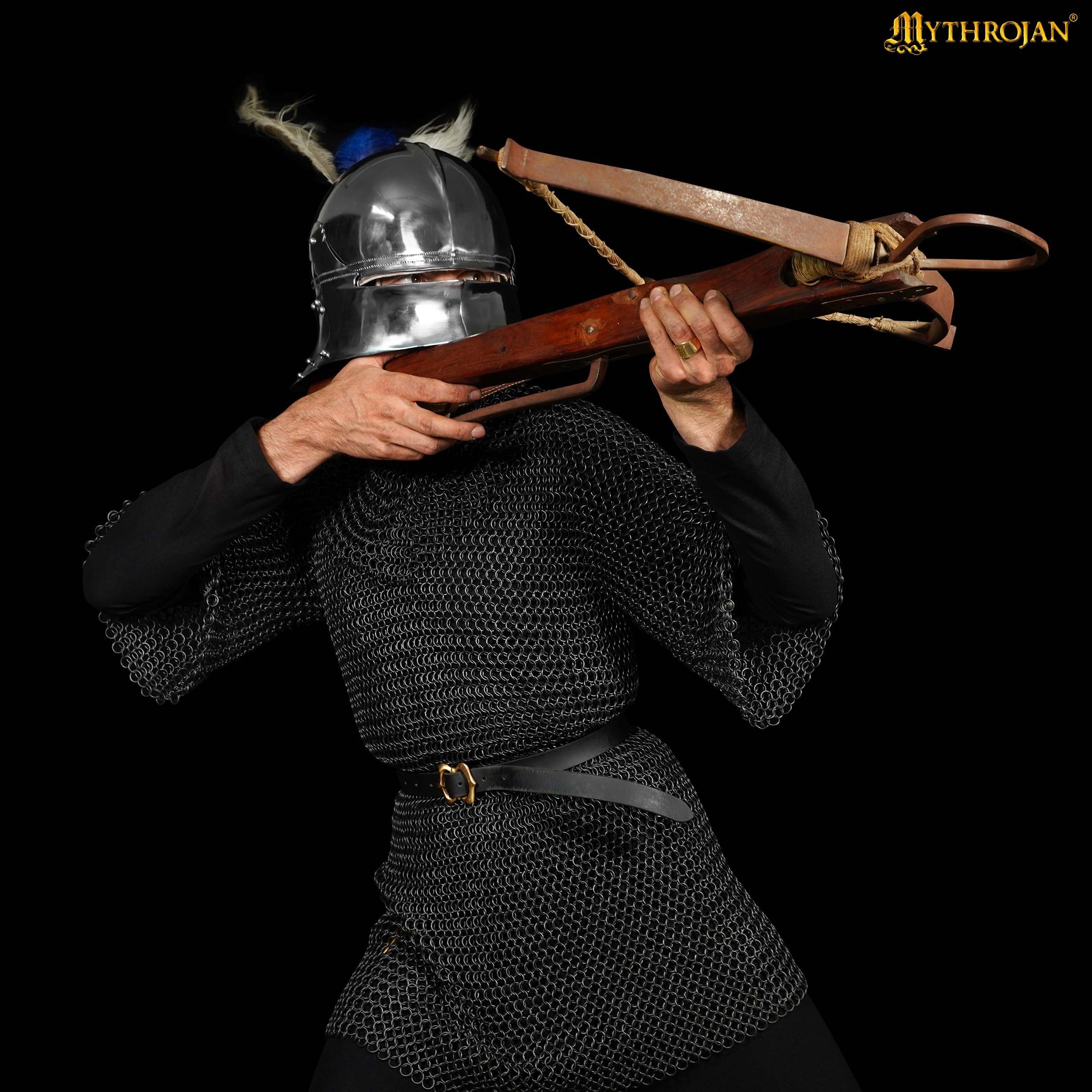 Mythrojan Chainmail Shirt with Coif Medieval Knight Armor Costume – Black Finish