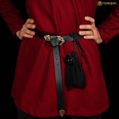 Mythrojan “Gold and Dice” Drawstring Pouch, Ideal for SCA LARP Reenactment &amp; Ren fair - Suede Leather Pouch, Black , 6 ”