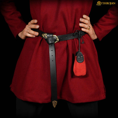 Mythrojan “Gold and Dice” Drawstring Pouch, Ideal for SCA LARP Reenactment &amp; Ren fair - Suede Leather Pouch, Black and Red , 4