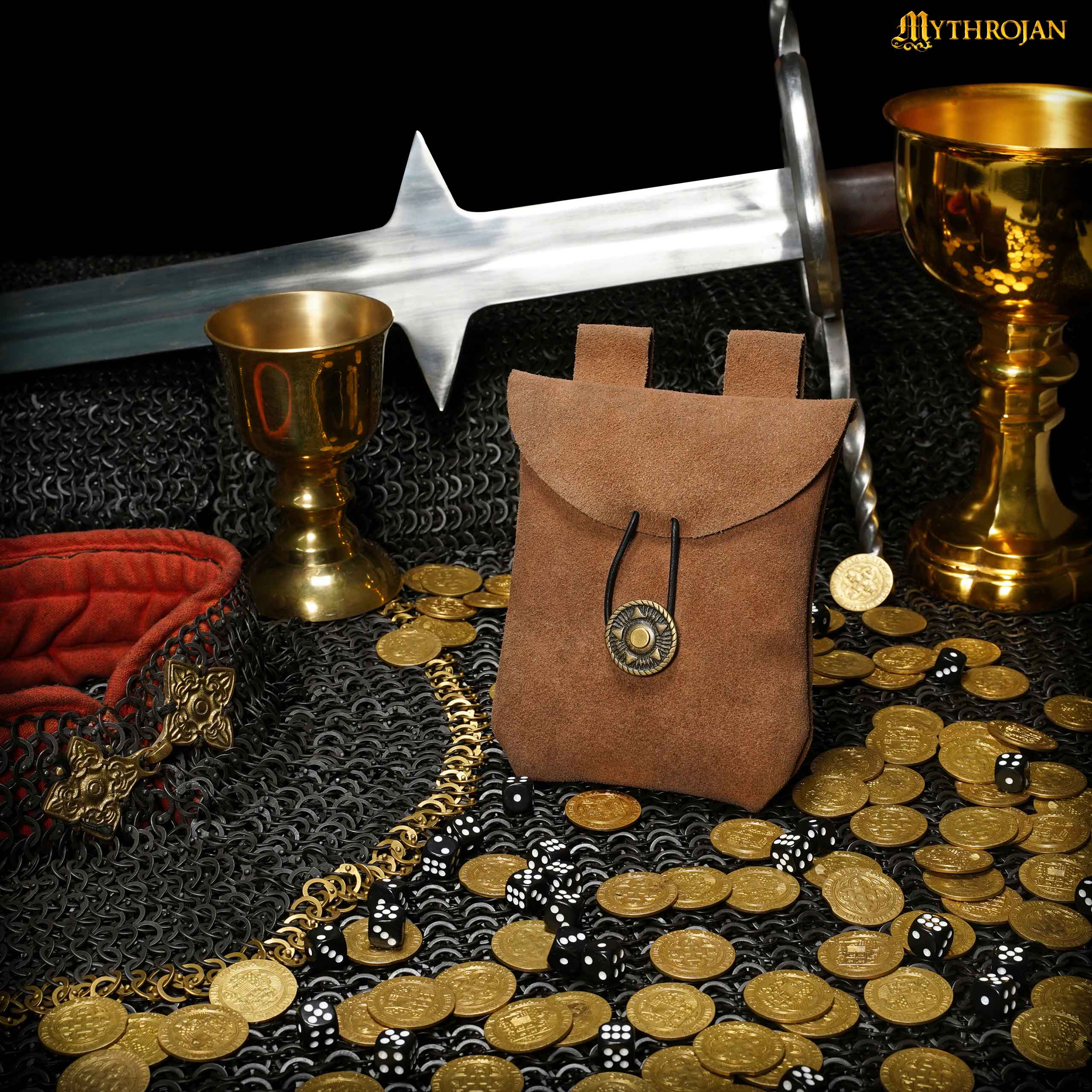 Mythrojan Suede Belt Bag, Ideal for SCA LARP Reenactment &amp; Ren fair, Suede Leather, Brown , 5 .5”× 5.1 ”
