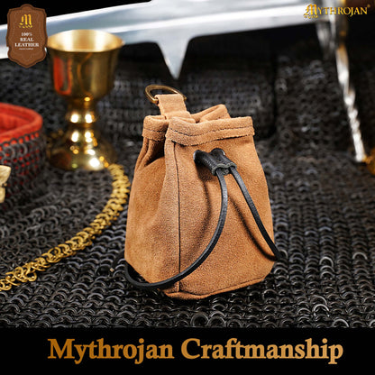 Mythrojan Medieval Drawstring Belt Bag, ideal for SCA LARP reenactment &amp; Ren fair, Suede Leather, Brown, 5”×4”