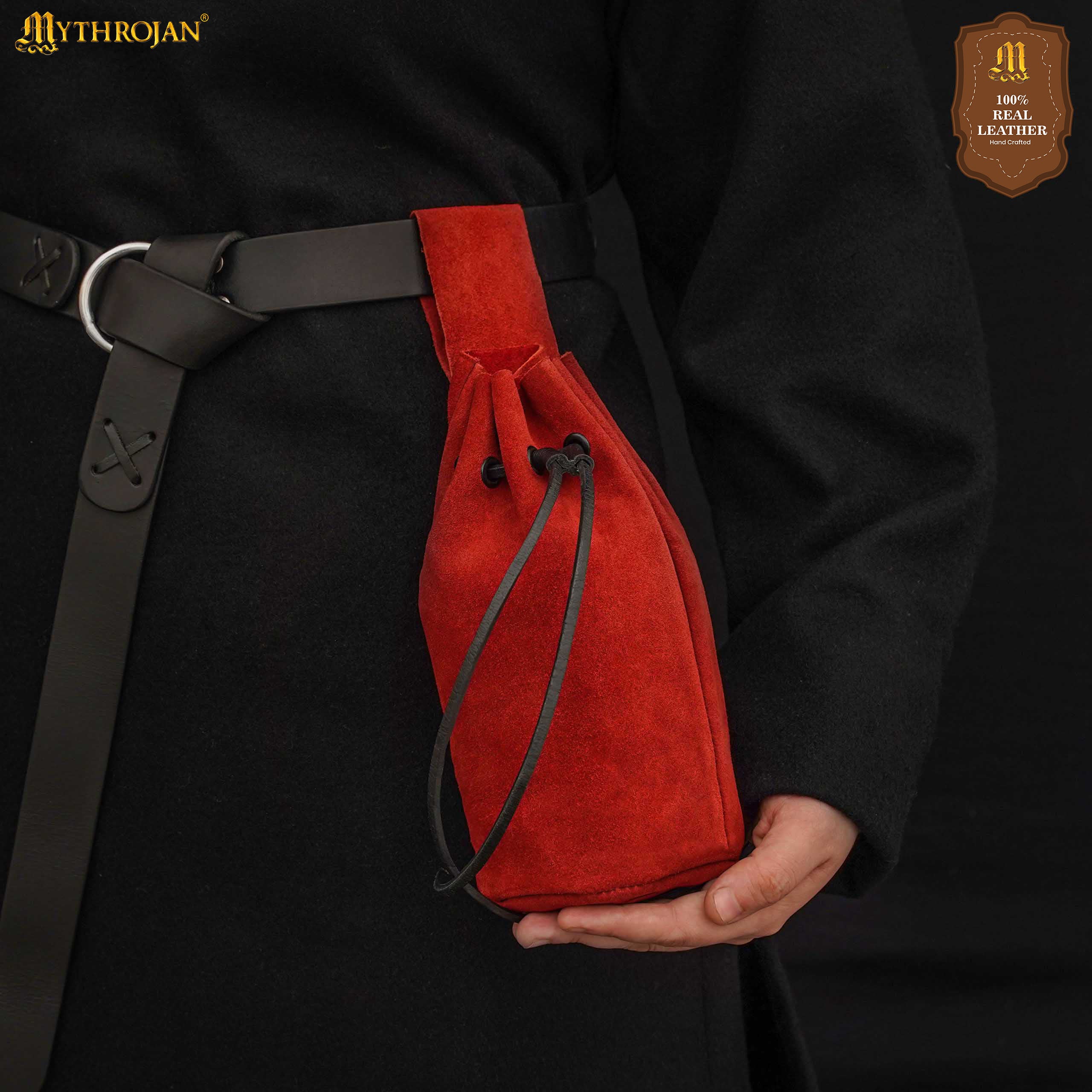Mythrojan Medieval Drawstring Belt Bag, Ideal for SCA LARP Reenactment &amp; Ren Fair, Suede Leather, Cherry 8”×6.5”