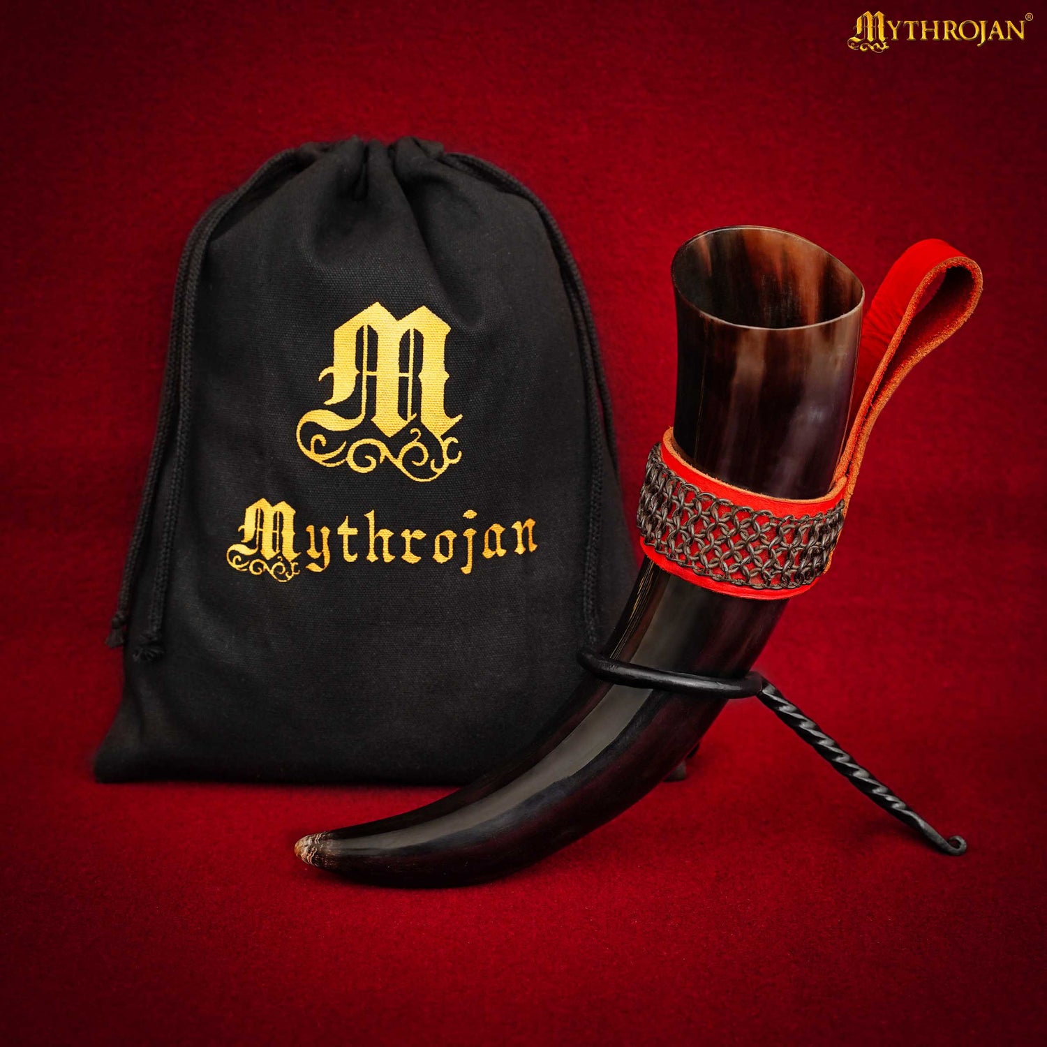 Mythrojan THE WITCHER COMPANION Viking Drinking Horn with Red Leather Holder Authentic Medieval Inspired Viking Wine/Mead Mug - Polished Finish