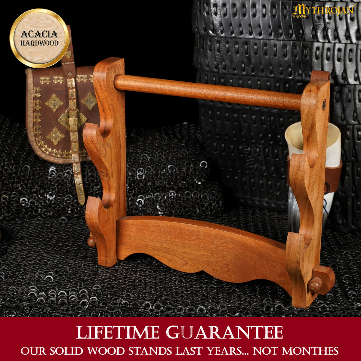 Mythrojan Solid Wood Sword Stand Medieval Sword Wall Mount Samurai Sword Display Stand Katana Sword Holder Gladiator Sword Wall Display Crusader Sword Stand Knife Stand for Display- Two Tier 15" x 12"