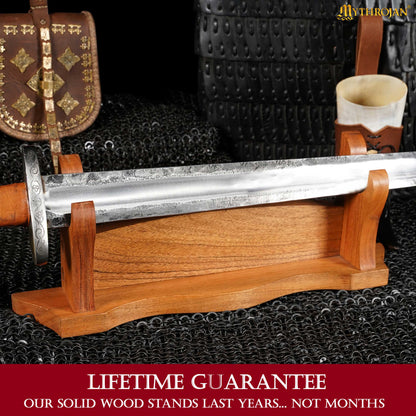 Mythrojan Solid Wood Sword Stand Medieval Sword Wall Mount Samurai Sword Display Stand Katana Sword Holder Gladiator Sword Wall Display Crusader Sword Stand Knife Stand for Display - One Tier Stand 17.5"