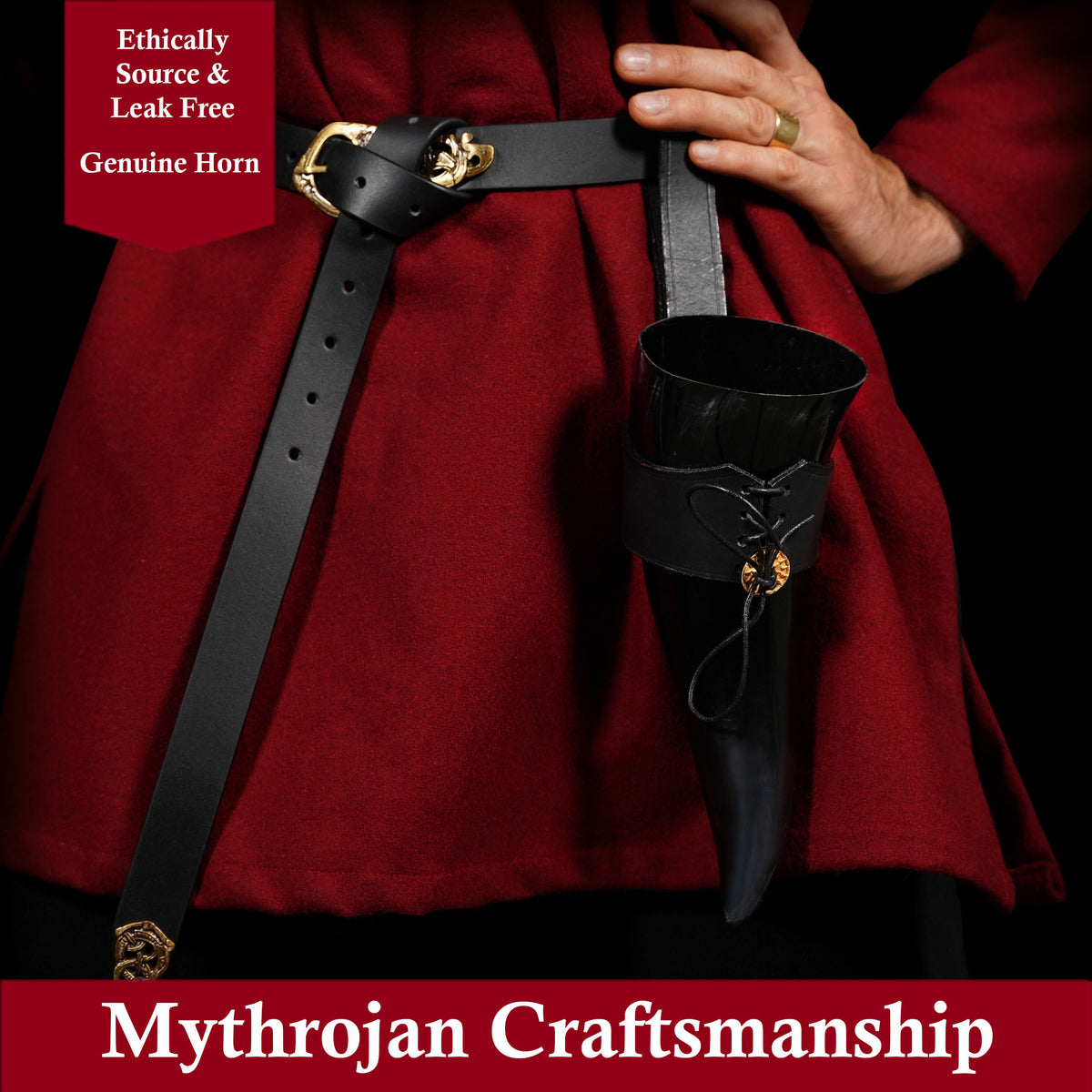 Mythrojan Viking Drinking Horn with Black Leather Holder Authentic Drinking Horn Norse Beer Horn Drinking Horn , 500ml