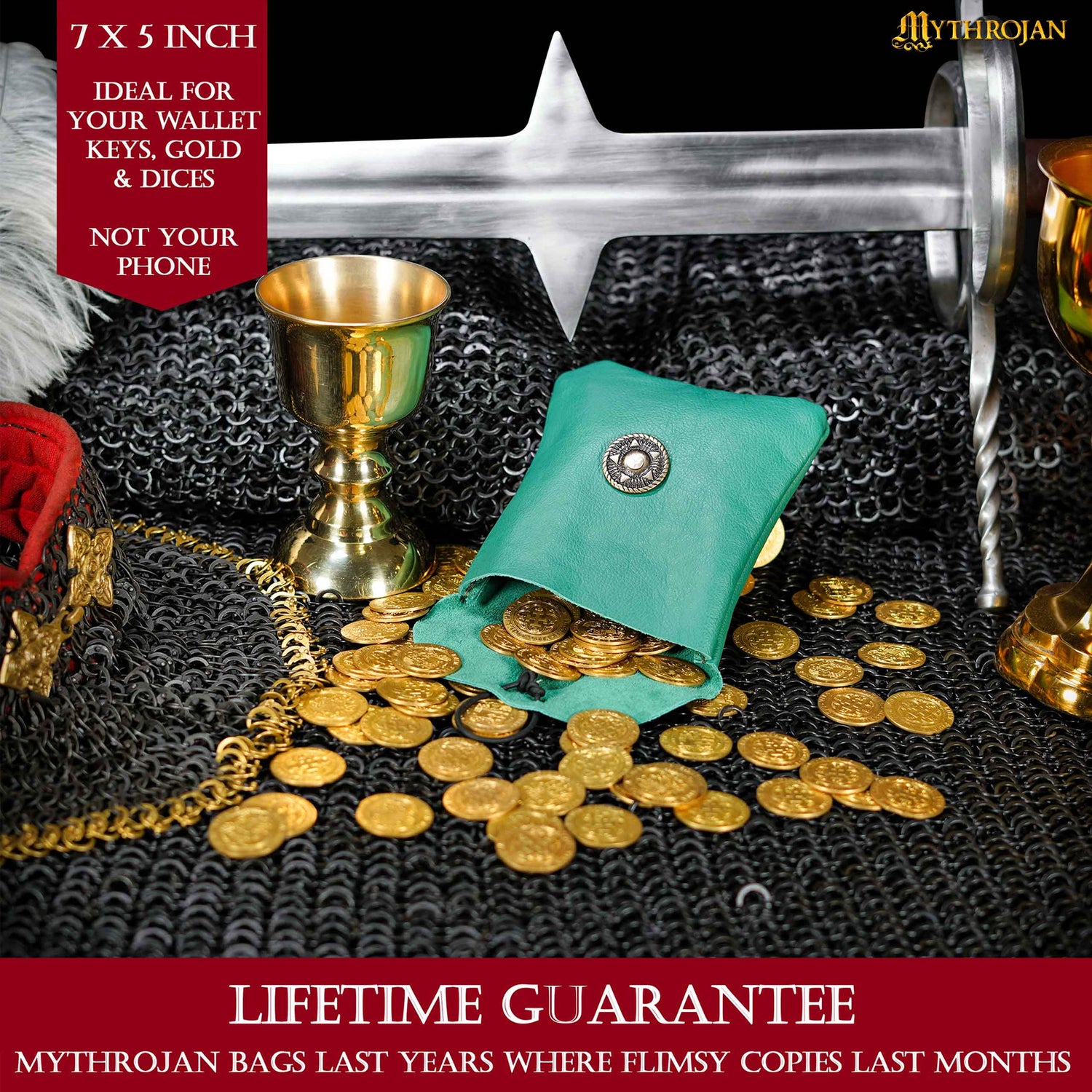 Mythrojan Leather Belt Bag, Ideal for SCA LARP Reenactment &amp; Ren fair, Full Grain Leather, Green , 5 .5”× 5.1 ”