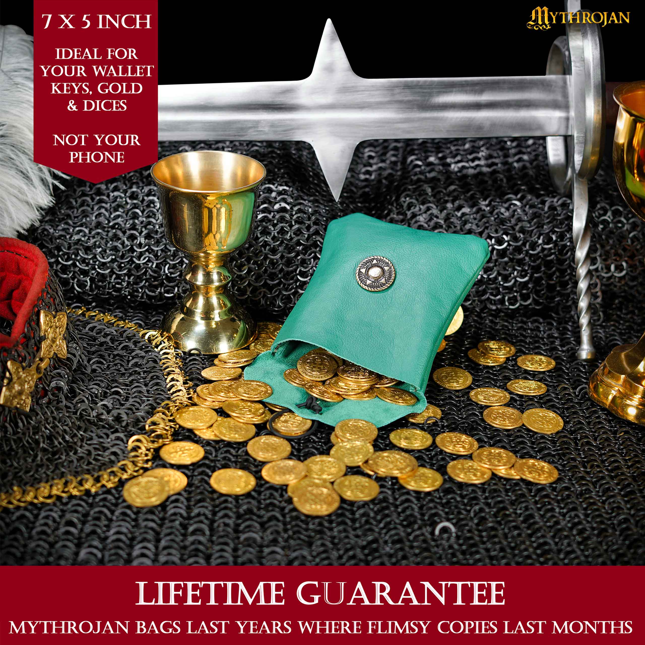 Mythrojan Leather Belt Bag, Ideal for SCA LARP Reenactment &amp; Ren fair, Full Grain Leather, Green , 5 .5”× 5.1 ”