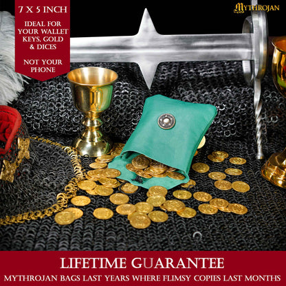 Mythrojan Leather Belt Bag, Ideal for SCA LARP Reenactment &amp; Ren fair, Full Grain Leather, Green , 5 .5”× 5.1 ”