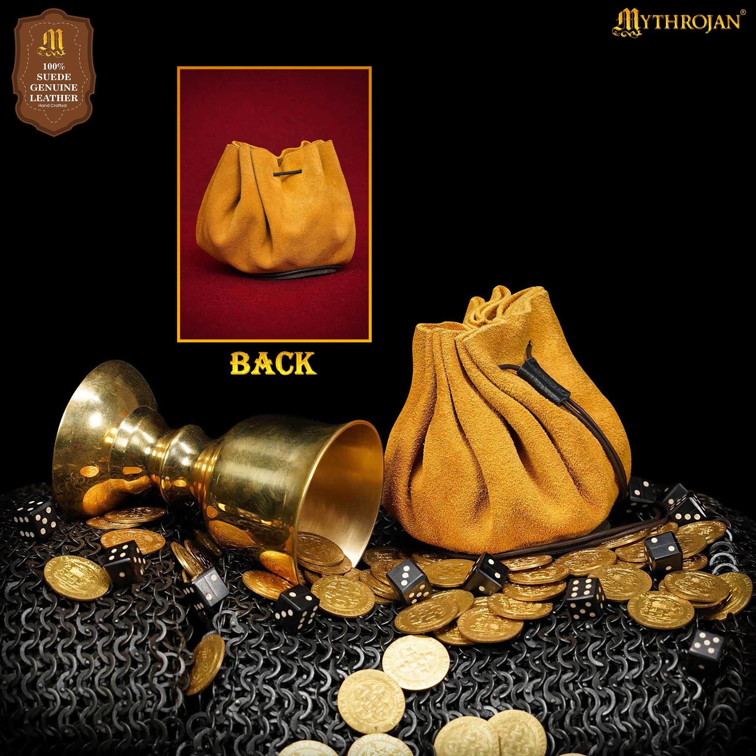 Mythrojan “ Gold and Dice ” Medieval Drawstring Pouch , Ideal for SCA LARP Reenactment &amp; Ren fair : Suede Leather Bag , 3.5”
