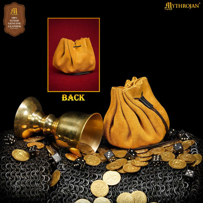 Mythrojan “ Gold and Dice ” Medieval Drawstring Pouch , Ideal for SCA LARP Reenactment &amp; Ren fair : Suede Leather Bag , 3.5”
