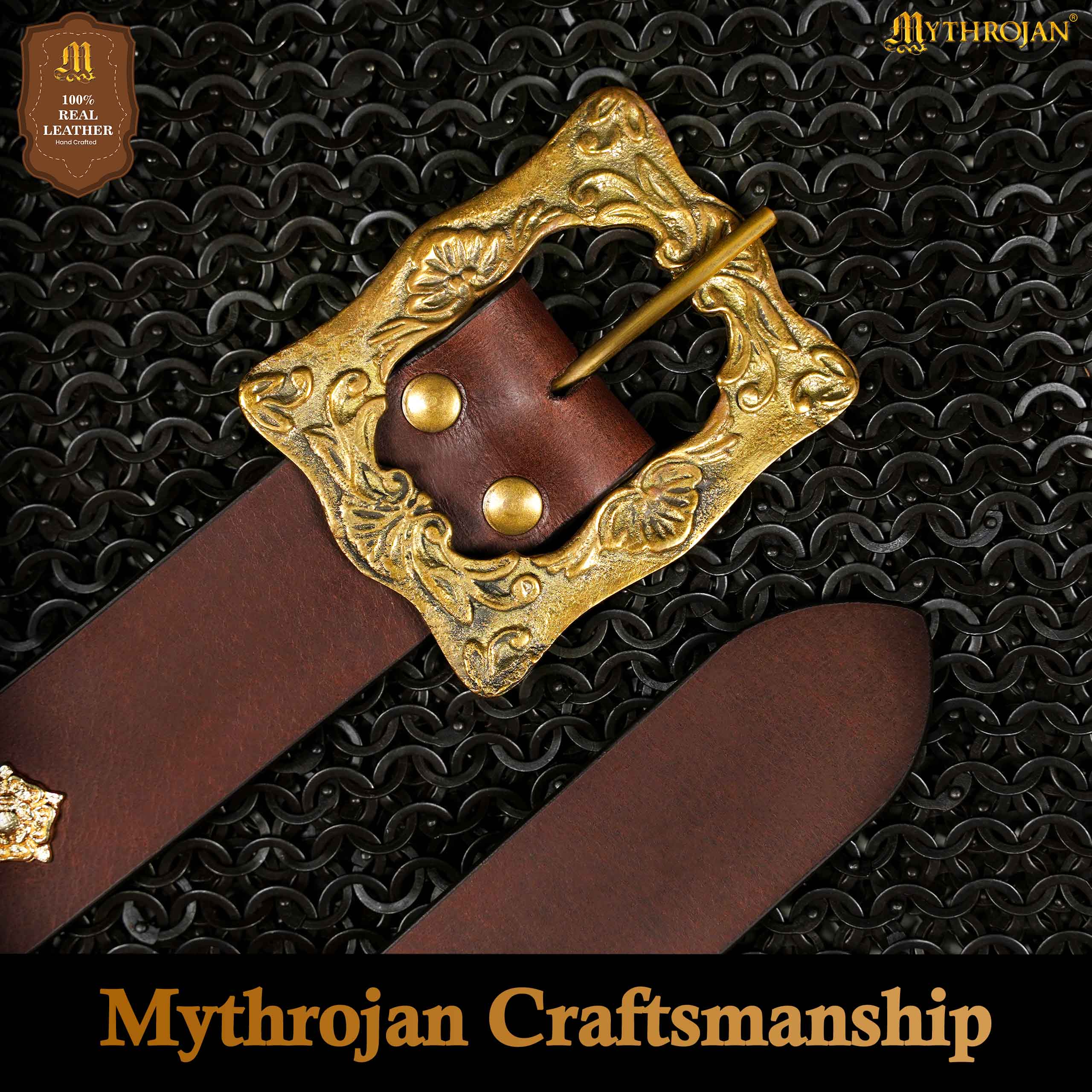 Mythrojan “The Venturing Pirate” Leather Belt with Solid Brass Buckle, Ideal for LARP SCA Medieval Renaissance Knight Reenactment, Brown