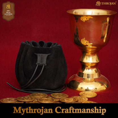 Mythrojan “Gold and Dice” Medieval Drawstring Bag, Ideal for SCA LARP Reenactment &amp; Ren Fair-Suede Leather Pouch, Deep Black 2.5”