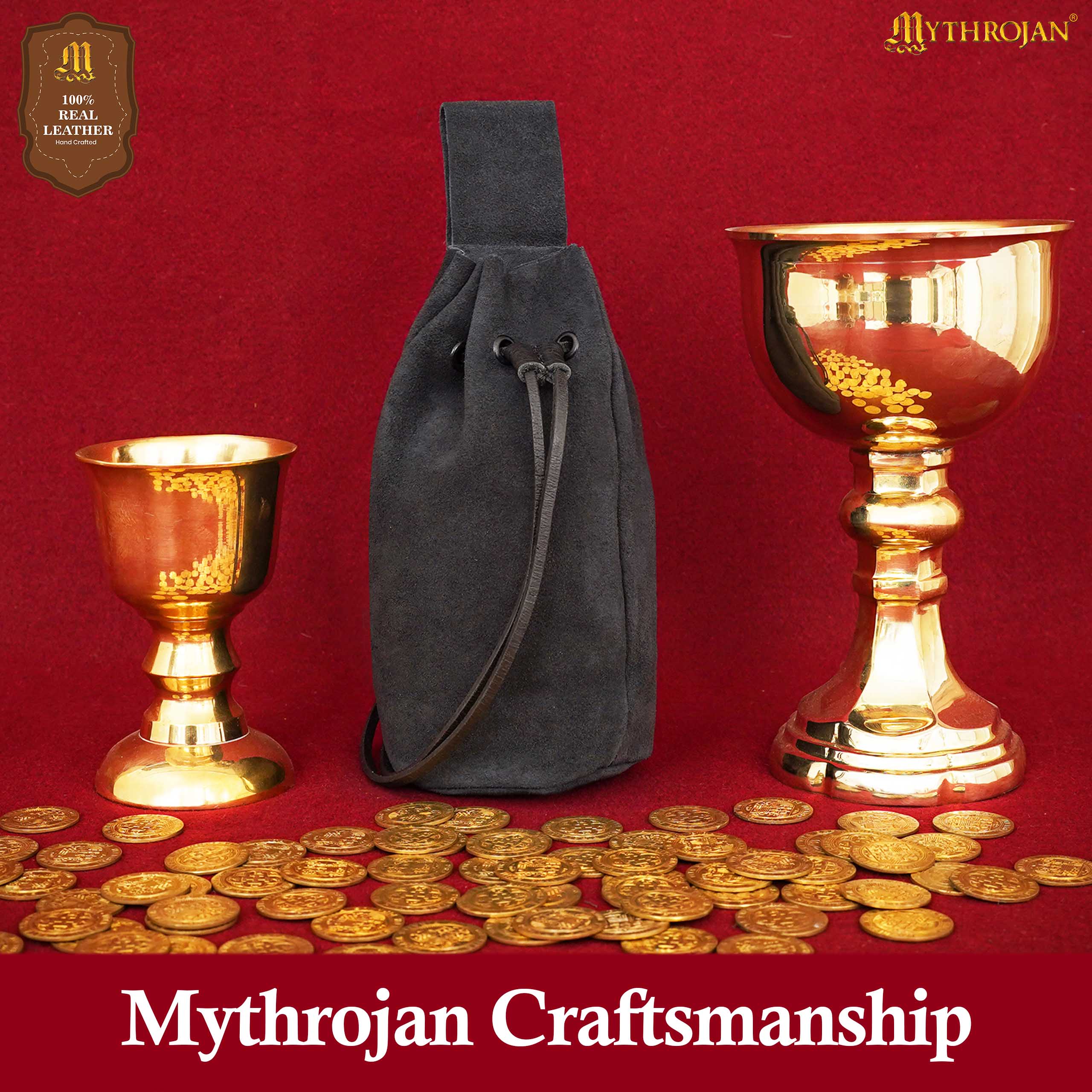 Mythrojan Medieval Drawstring Belt Bag, Ideal for SCA LARP  Reenactment &amp; Ren fair , Suede Leather , Midnight Navy blue 8” ×6.5 ”