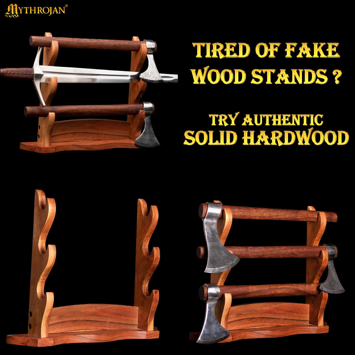 Mythrojan Solid Wood Sword Stand Medieval Sword Wall Mount Samurai Sword Display Stand Katana Sword Holder Gladiator Sword Wall Display Crusader Sword Stand Knife Stand for Display - Three Tier Sand