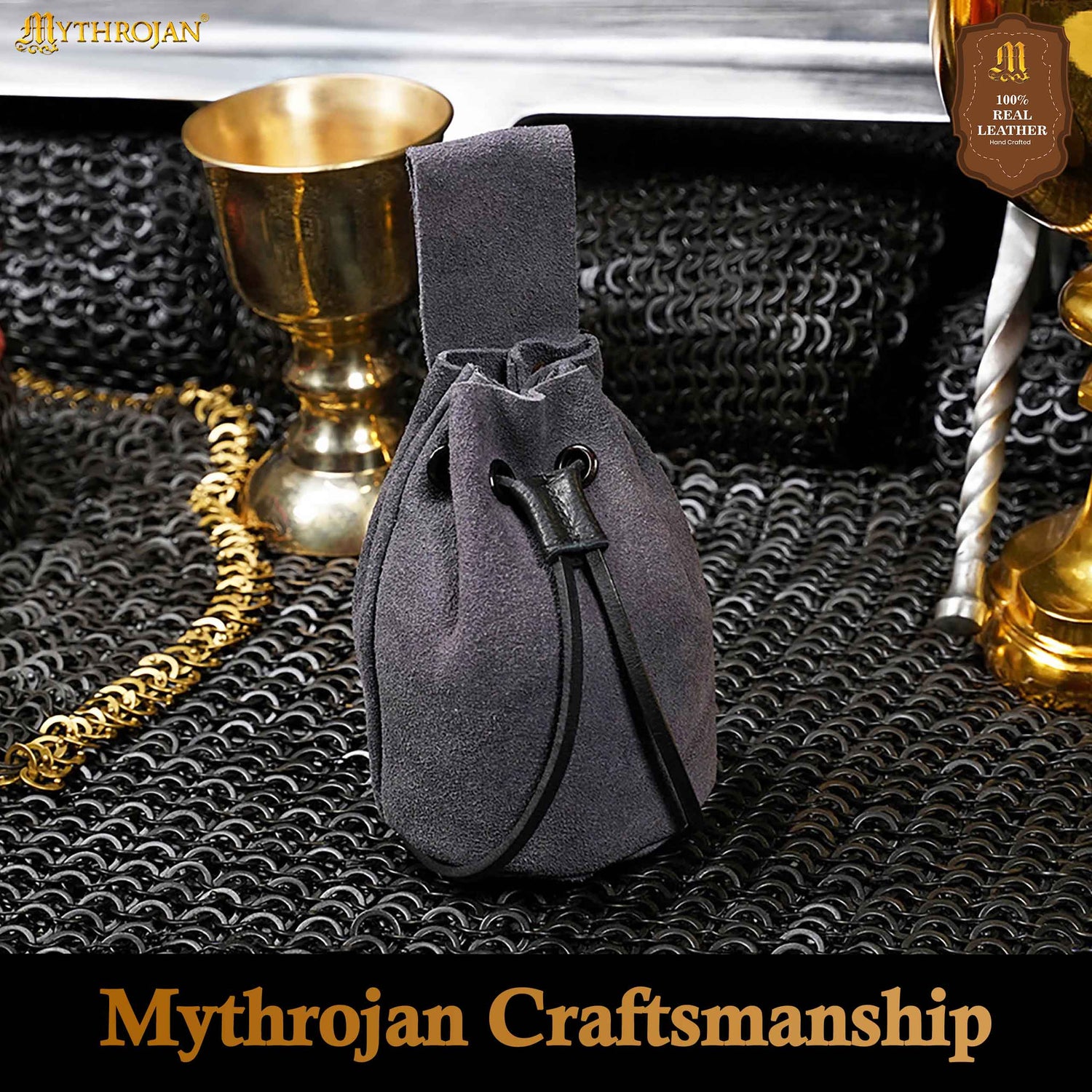 Mythrojan Medieval Drawstring Belt Bag, Ideal for SCA LARP Reenactment &amp; Ren Fair, Suede Leather, Blue 6”×5”