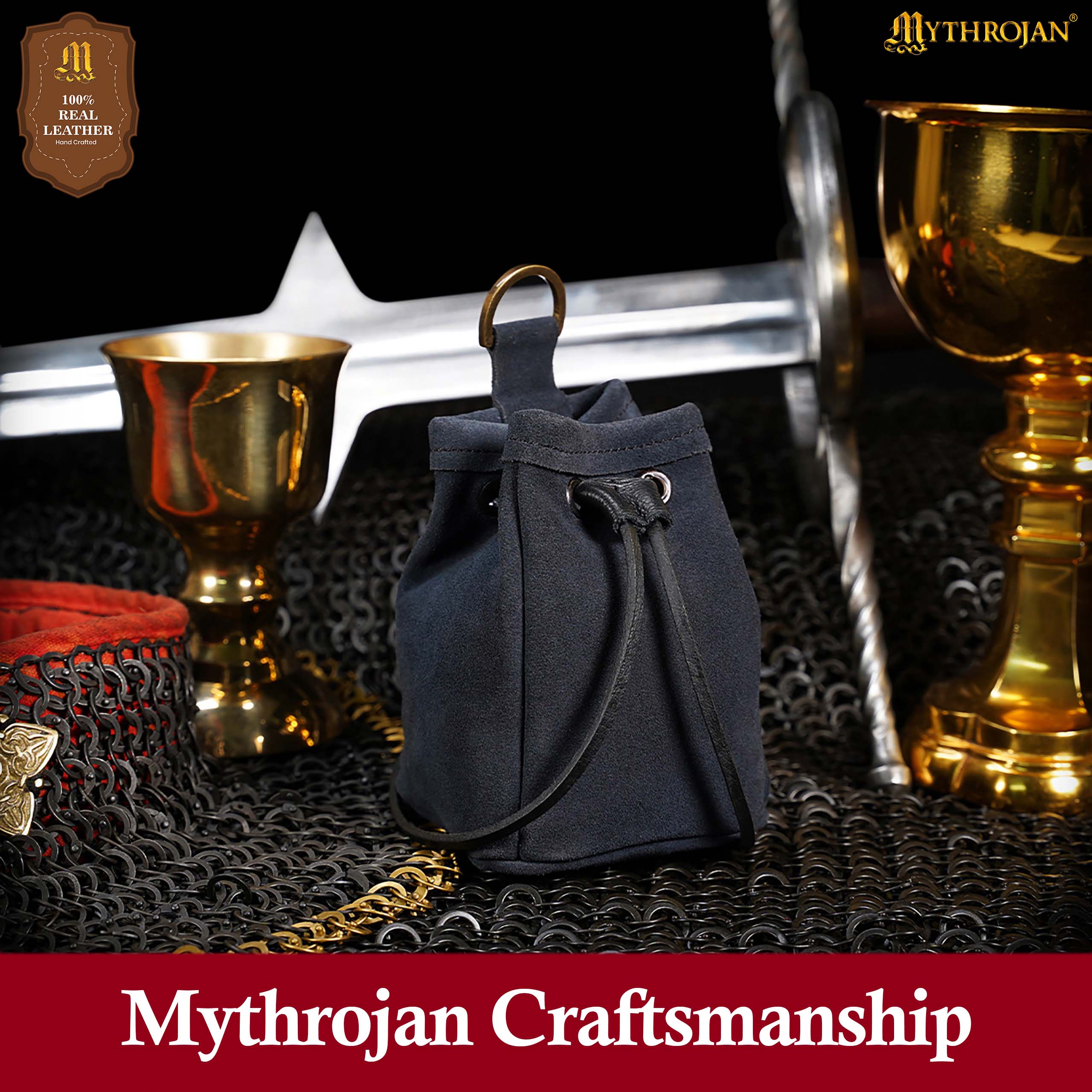 Mythrojan Medieval Drawstring Belt Bag, ideal for SCA LARP reenactment &amp; Ren fair, Suede Leather, Midnight Navy Blue, 5”×4”