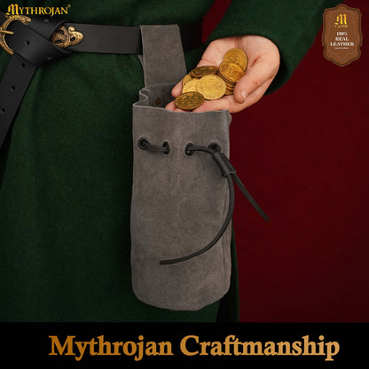 Mythrojan Medieval Drawstring Belt Bag, Ideal for SCA LARP Reenactment &amp; Ren Fair, Suede Leather, Grey, 8”×6.5”
