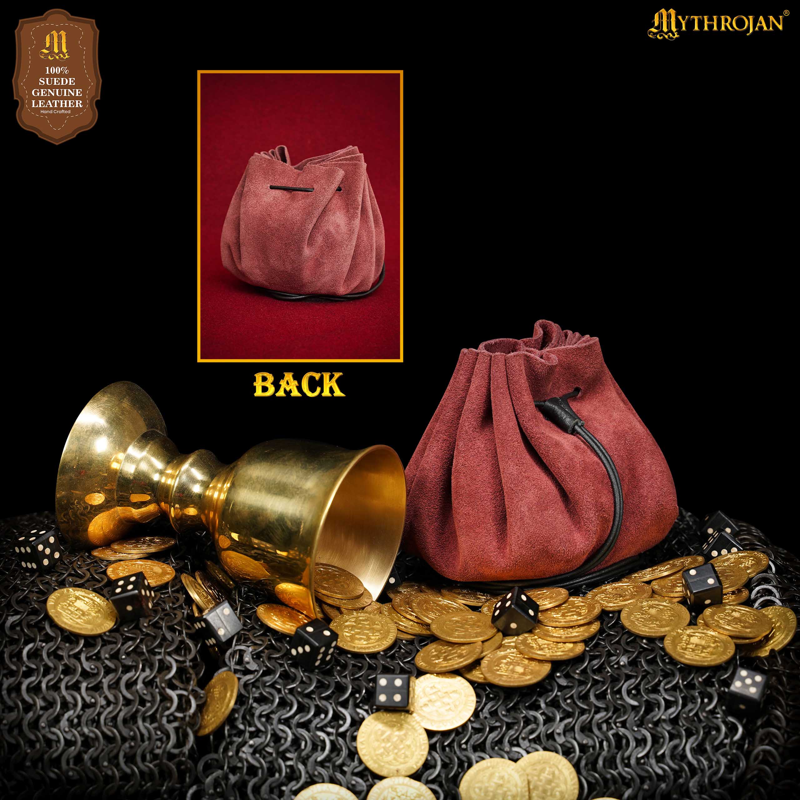 Mythrojan “ Gold and Dice ” Medieval Drawstring Bag, Ideal for SCA LARP Reenactment &amp; Ren fair - Suede Leather Pouch, Wine Red 3.5"
