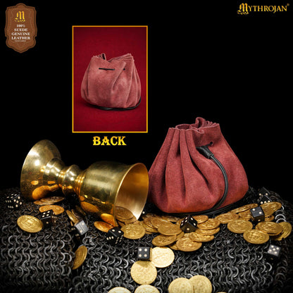 Mythrojan “ Gold and Dice ” Medieval Drawstring Bag, Ideal for SCA LARP Reenactment &amp; Ren fair - Suede Leather Pouch, Wine Red 3.5"
