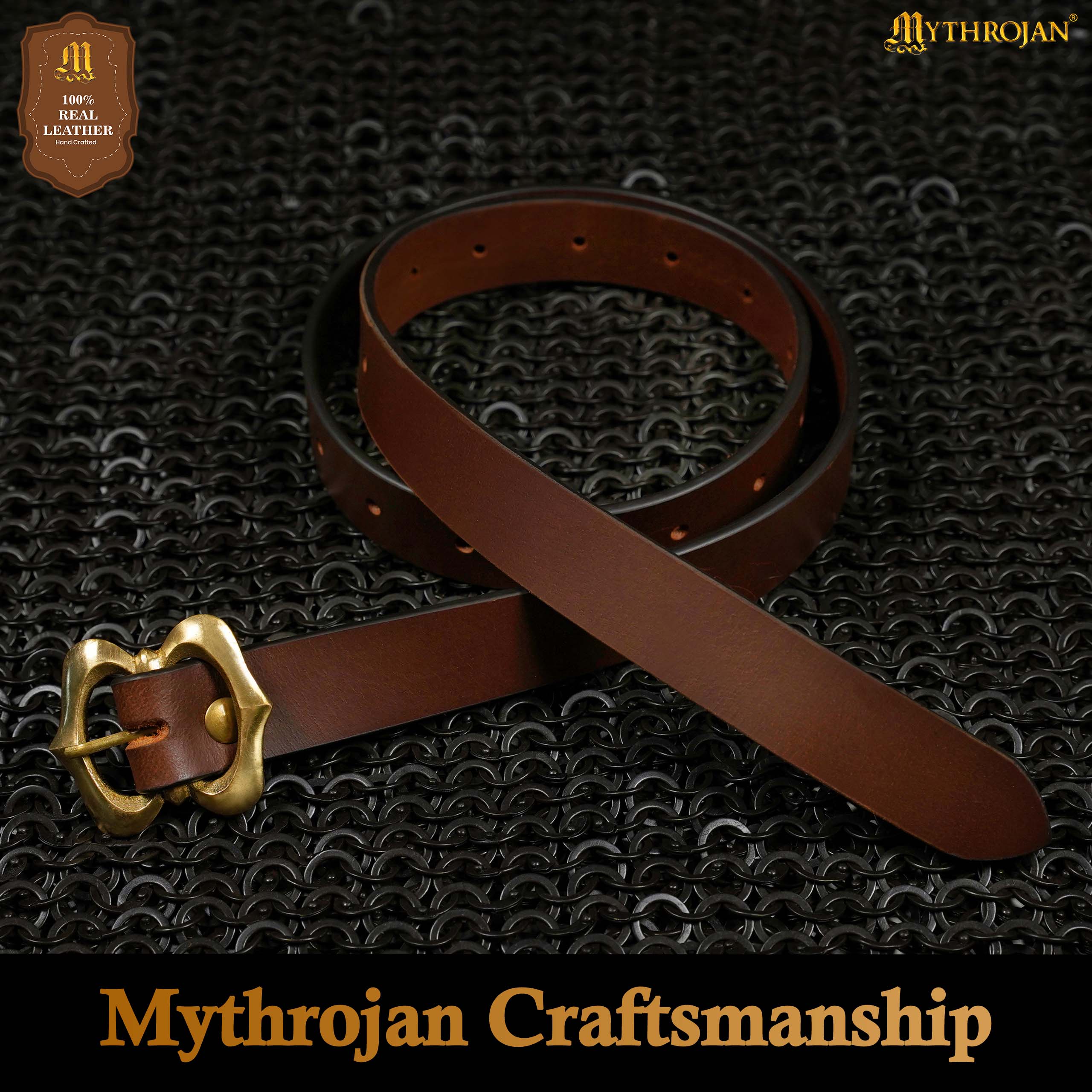 Mythrojan Medieval Leather Renaissance Viking Belt with Brass Buckle - Brown