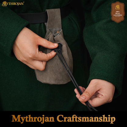 Mythrojan Medieval Drawstring Belt Bag, Ideal for SCA LARP Reenactment &amp; Ren Fair, Suede Leather, Grey 6”×5”