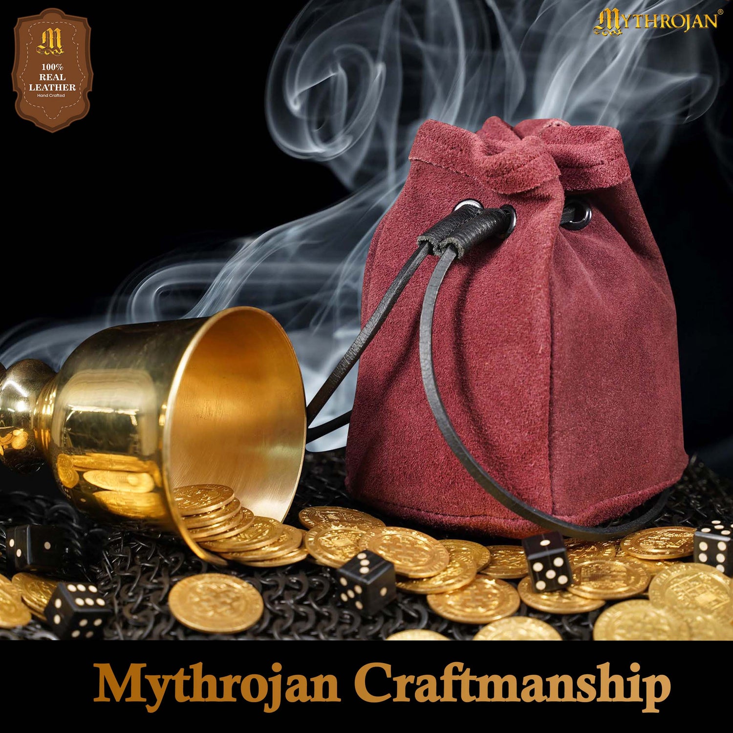 Mythrojan Medieval Drawstring Belt Bag, ideal for SCA LARP reenactment &amp; Ren fair, Suede Leather, Burgundy, 5”×4”