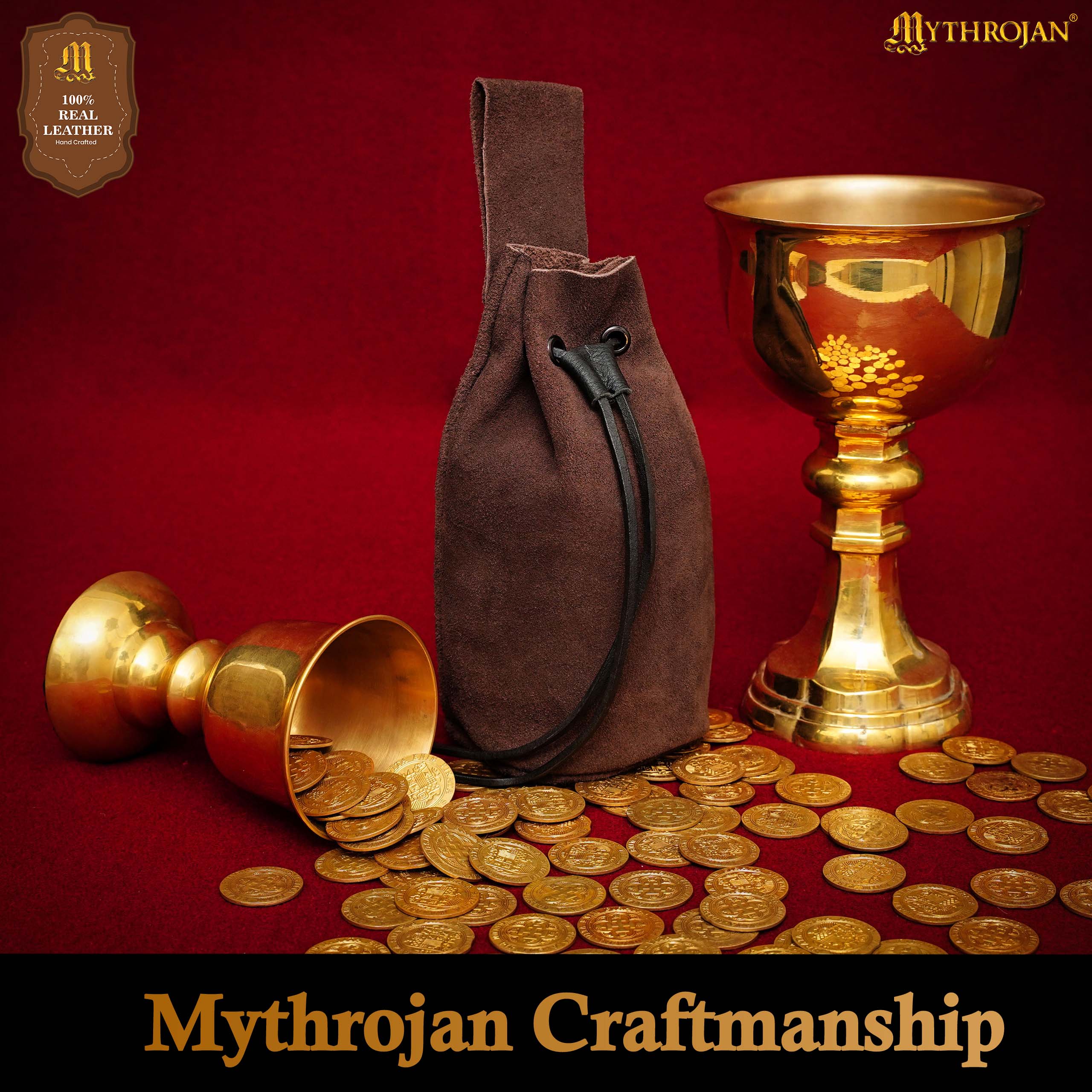 Mythrojan Medieval Drawstring Belt Bag, Ideal for SCA LARP Reenactment &amp; Ren fair , Suede Leather , Brown 8” ×6.5 ”
