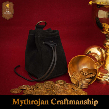 Mythrojan Medieval Drawstring Belt Bag, Ideal for SCA LARP Reenactment &amp; Ren fair , Suede Leather , Black