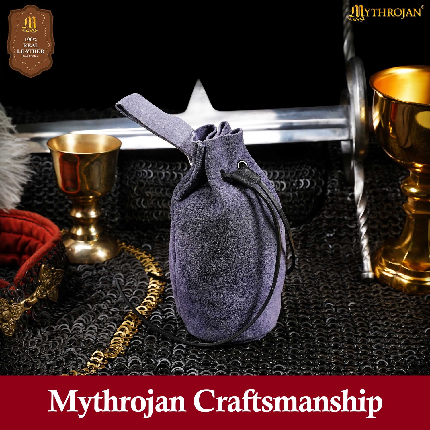 Mythrojan Medieval Drawstring Belt Bag, Ideal for SCA LARP Reenactment &amp; Ren Fair, Suede Leather, Dark Blue, 8”×6.5”