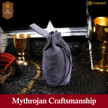 Mythrojan Medieval Drawstring Belt Bag, Ideal for SCA LARP Reenactment &amp; Ren Fair, Suede Leather, Dark Blue, 8”×6.5”
