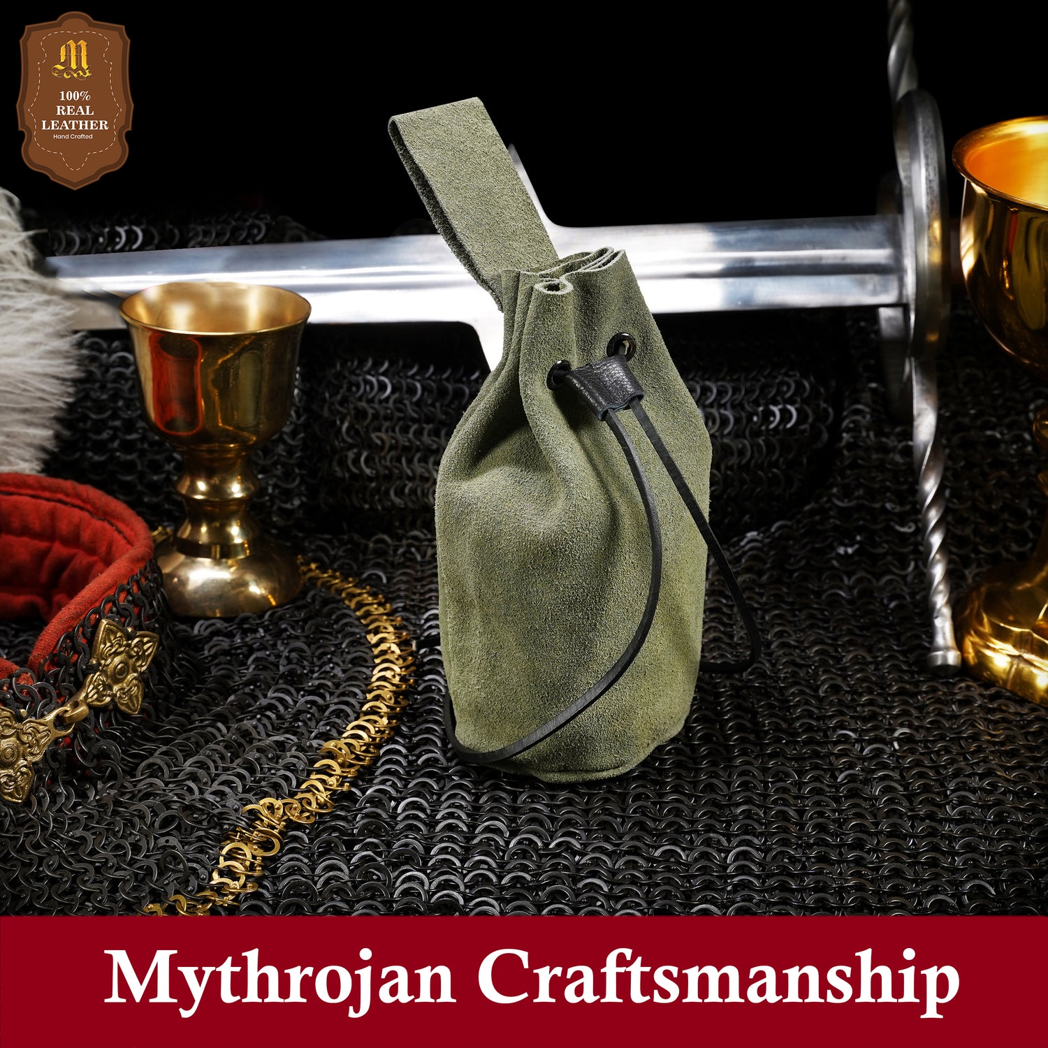 Mythrojan Medieval Drawstring Belt Bag, Ideal for SCA LARP Reenactment &amp; Ren Fair, Suede Leather, Green, 8”×6.5”