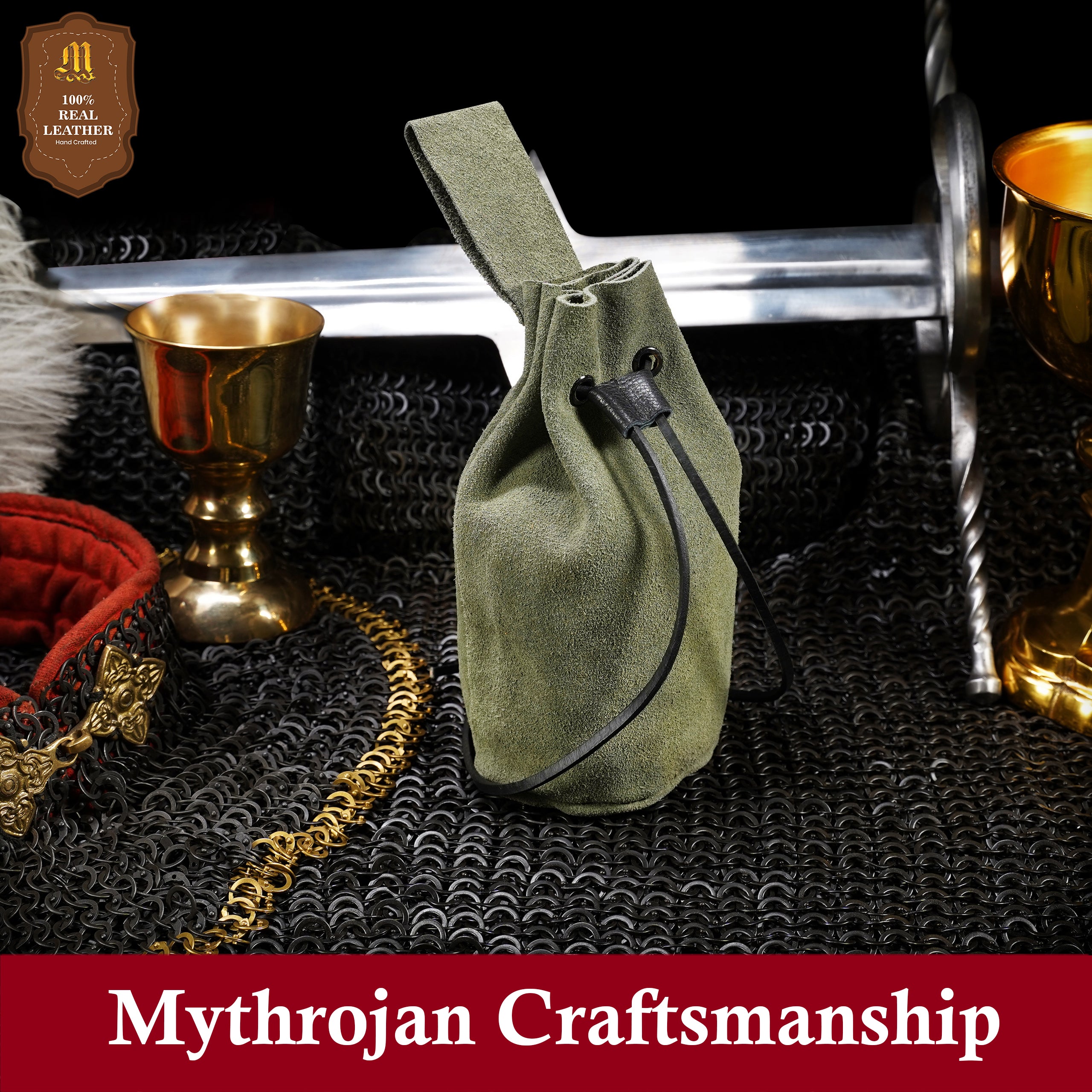 Mythrojan Medieval Drawstring Belt Bag, Ideal for SCA LARP Reenactment &amp; Ren Fair, Suede Leather, Green, 8”×6.5”