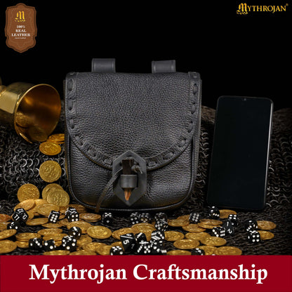 Mythrojan “The Adventurer’s” Belt Bag with Horn Toggle, ideal for SCA LARP reenactment &amp; Ren fair, Full Grain Leather, Black 7”