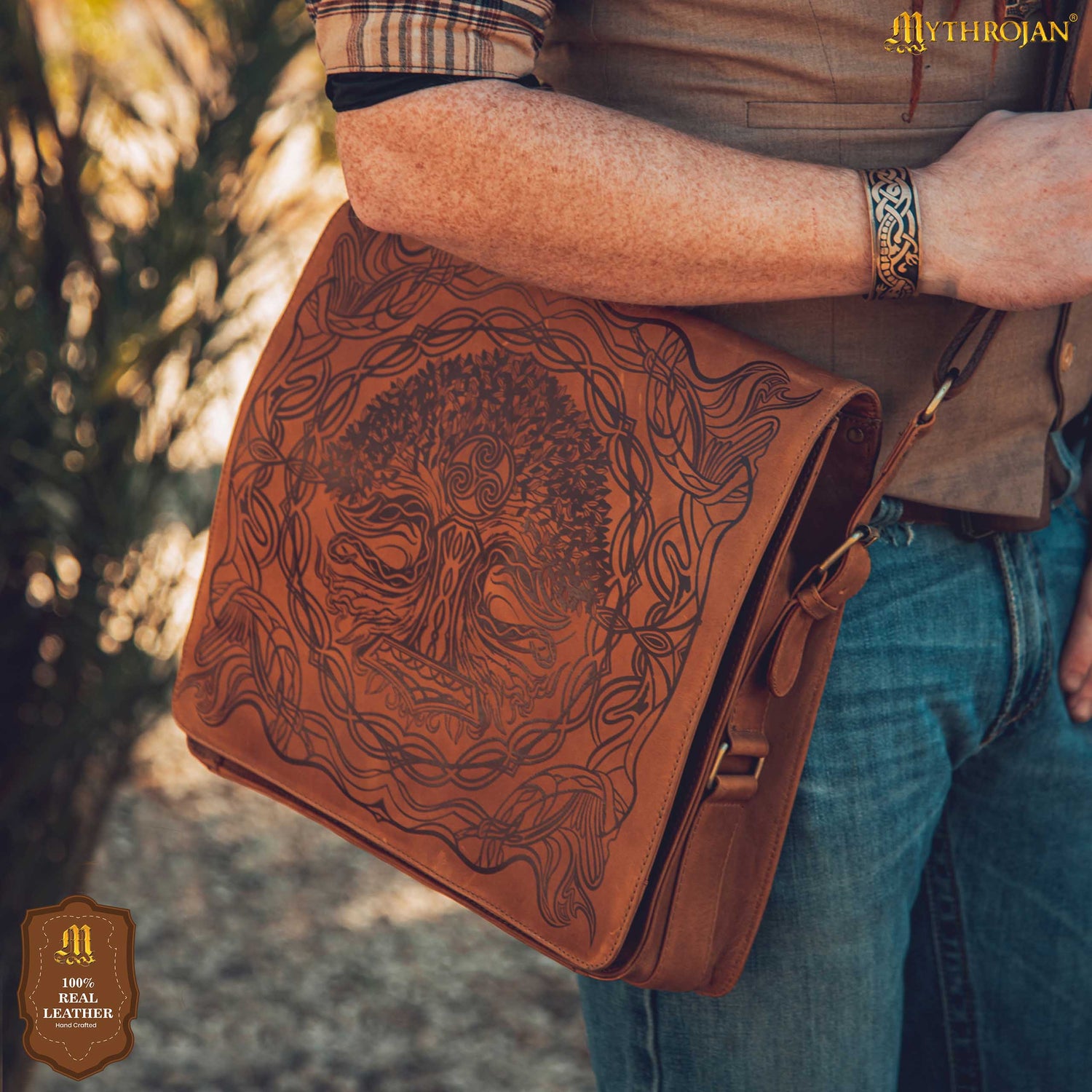 Mythrojan URBAN VIKING SATCHEL REAL LEATHER Tattoo Mjolnir Messenger Bag Vintage Celtic Laptop Briefcase (Fits 13" Laptop)