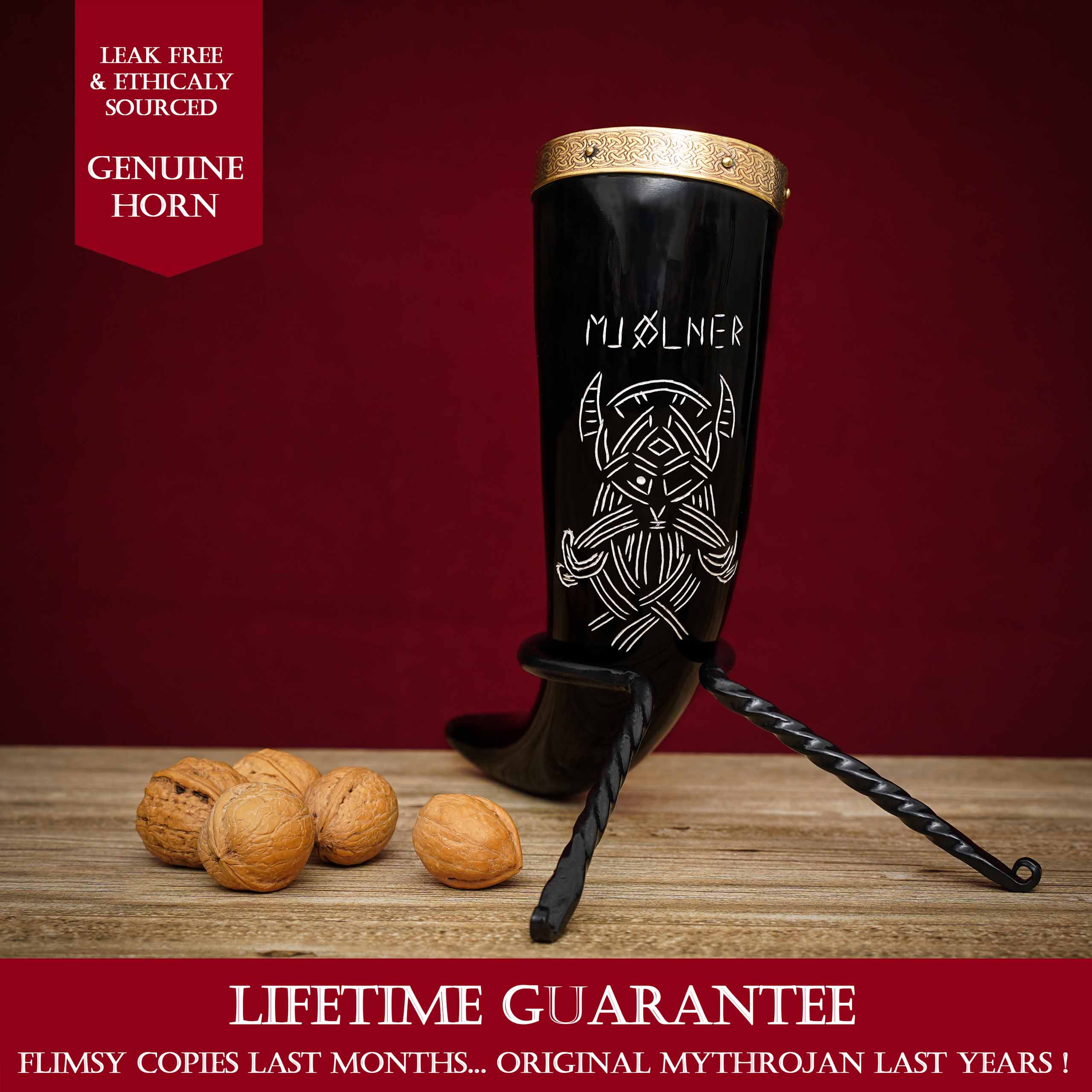 Mythrojan Viking Drinking Horn With Brass Rim &amp; Tip Authentic Medieval Inspired Wine/Mead 400 ML - Polished Finish