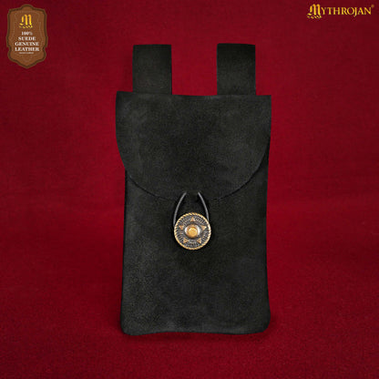 Mythrojan Suede Belt Bag, Ideal for SCA LARP Reenactment &amp; Ren fair, Suede Leather, Black , 7.2 ”× 4.7 ”